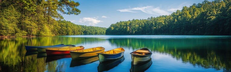 Obraz premium A tranquil morning by the serene waters with colorful kayaks resting along the shore in a lush, green landscape surrounded by trees