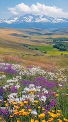 Obraz premium A vibrant landscape of rolling hills adorned with wildflowers under a clear blue sky in an alpine region during springtime