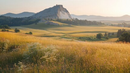 A serene golden field stretches toward a majestic rocky hill under a warm sunset in a tranquil landscape scene