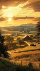 Fototapeta premium Golden sunset over rolling hills with farms and grazing horses in the countryside