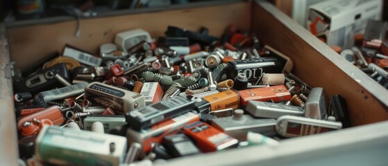 A drawer filled with an assortment of batteries, electronic parts, and tools, symbolizing readiness and utility.