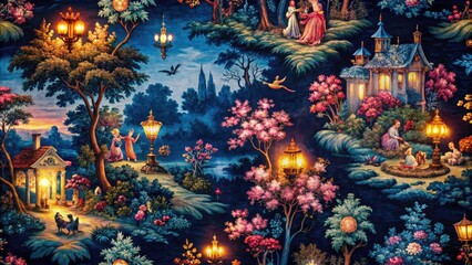 Fototapeta premium Colorful Seamless Toile de Jouy Pattern Design in Night Photography, Capturing Vibrant Textiles with Intricate Motifs, Perfect for Home Decor and Fashion Applications, Stunning Visuals