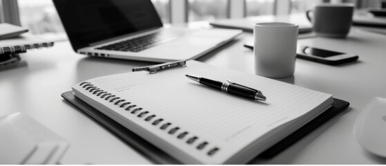 An organized workspace features a notebook, pen, and laptop, inviting productivity and creativity in a sleek, modern office setting.