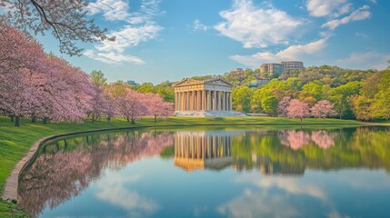 Fototapeta premium The Parthenon reflects in a serene lake surrounded by blooming cherry trees in springtime, capturing an enchanting moment of nature