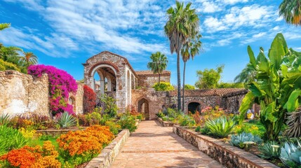 Naklejka premium Explore the vibrant gardens and historic architecture of the Mission surrounded by colorful flowers and lush greenery in a sunny setting