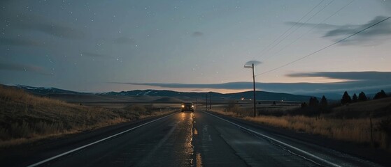 A lone car travels on a rural highway under a starlit sky, surrounded by vast plains, embodying solitude and the romance of the night.