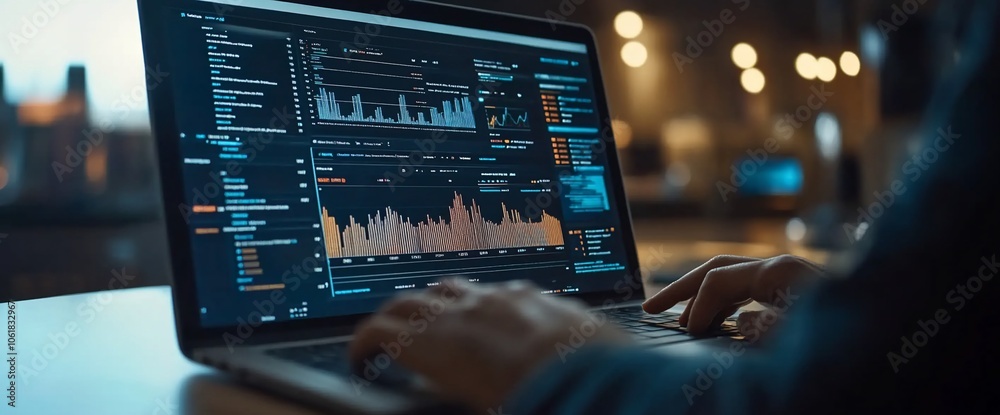 Poster a person's hand reaches out to the keyboard of a laptop computer as they analyze charts and graphs o
