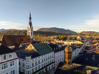 Bad Toelz, Aerial View of Old Houses at Marktstrasse in Altstadt, Bavaria Germany. Bad Tolz in...