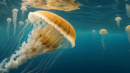 A jellyfish is swimming in the ocean with other jellyfish