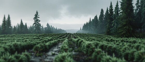 Neatly lined rows of lush greenery stretch infinitely toward a cloudy horizon, bordered by towering evergreens in this serene landscape.