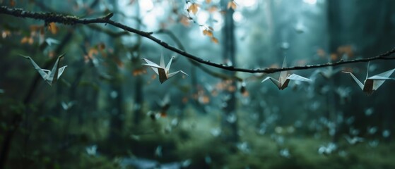 Paper cranes hang gracefully from a branch in a misty forest, creating an enchanting and whimsical scene steeped in mystery.