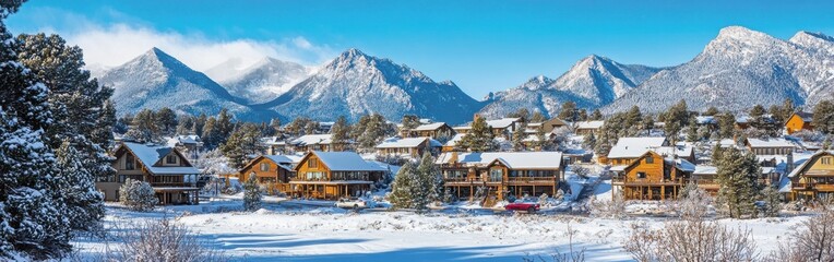 Winter wonderland in Estes Park showcasing snow-covered homes and majestic mountains under a clear blue sky