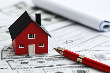 small red house model sits on financial documents with pen and dollar bills, symbolizing real estate investment and financial planning