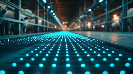 Naklejka premium Close-up of smart sensors embedded in the floor of a pig barn, tracking foot traffic and weight distribution of the animals, ensuring even health monitoring across the herd.
