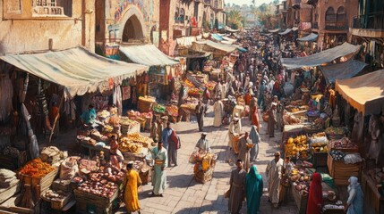A vibrant market bustling with activity and colorful stalls in an ancient city during the afternoon