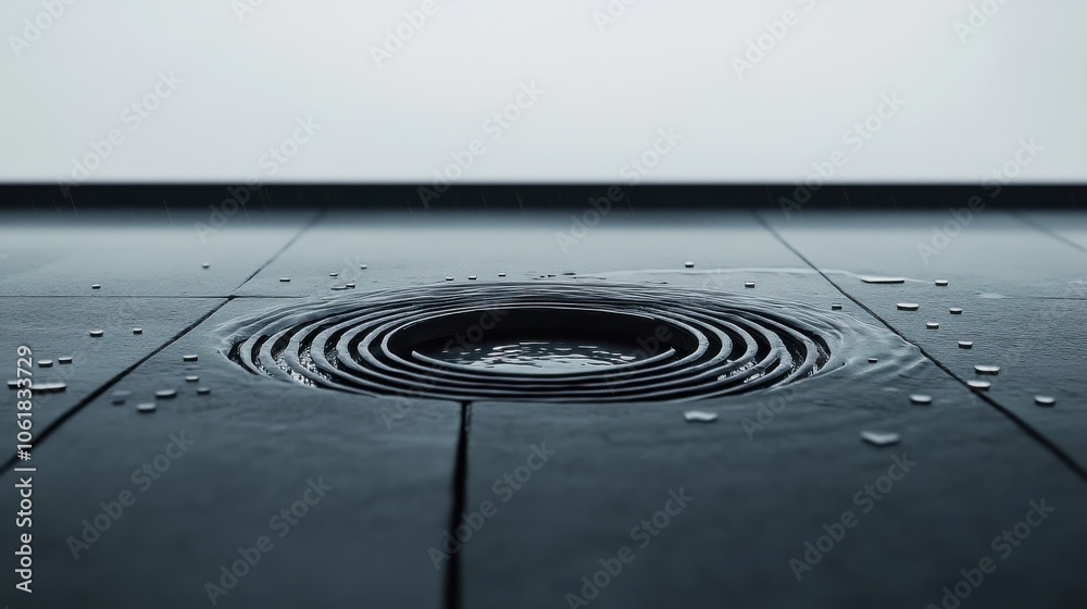 Poster a tranquil rain-soaked surface reflecting soft light in a minimalist indoor space during a quiet aft