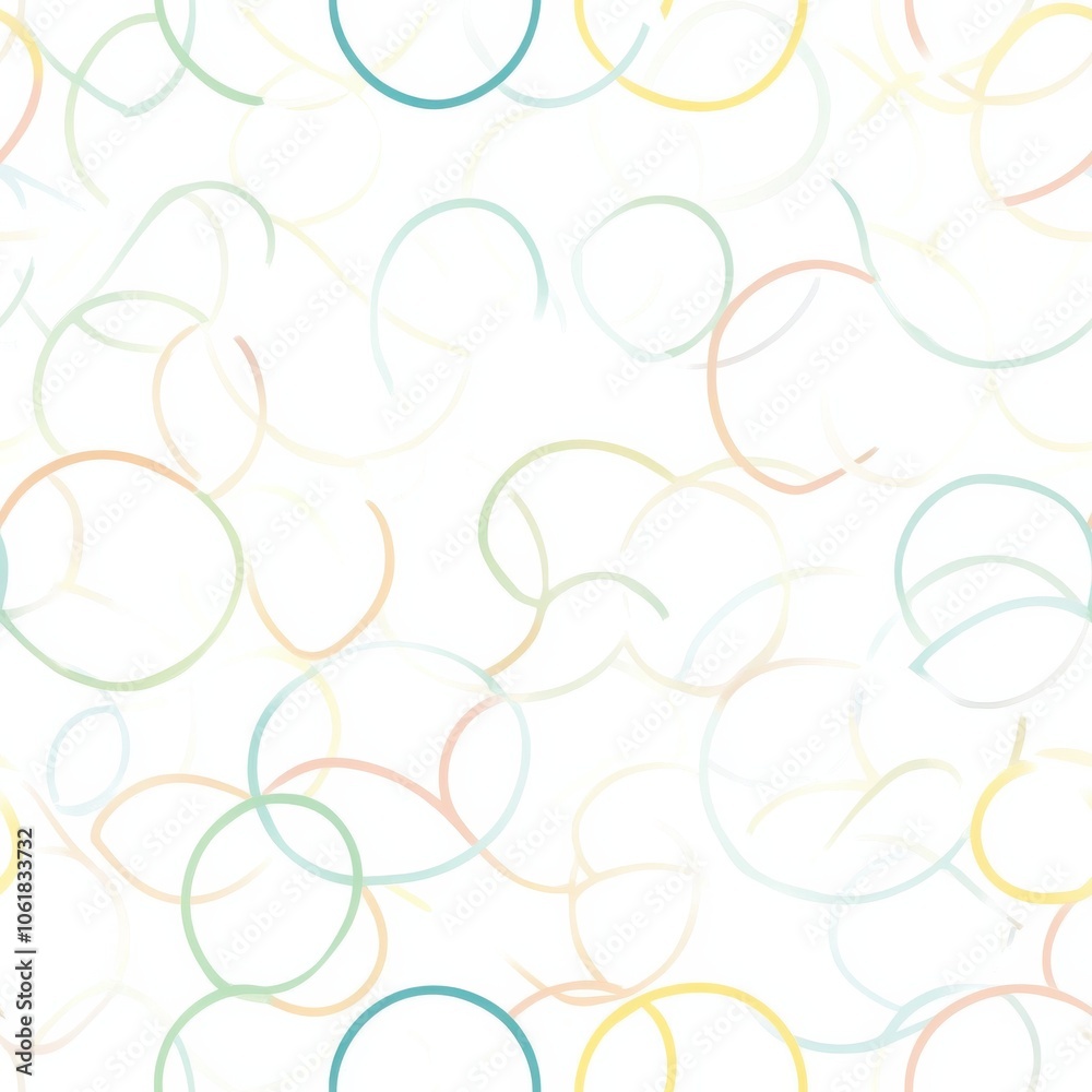 Poster A serene minimalist pattern featuring thin overlapping circles in soft pastel colors on a white background