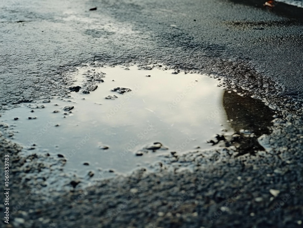 Poster a shallow puddle reflecting the sky and surroundings on wet asphalt after a brief rain shower