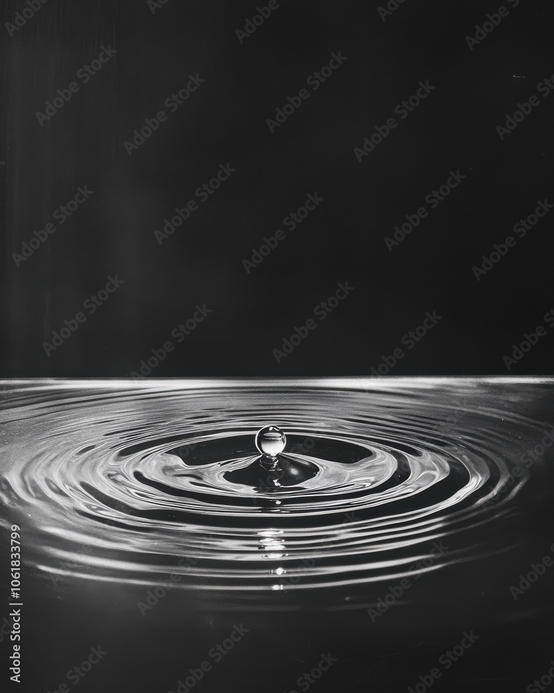Leinwandbilder close-up of a water droplet creating ripples on a surface in a minimalist black-and-white style, emp
