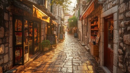 A charming narrow street in the old town of Kotor filled with shops and warm evening light © vadosloginov