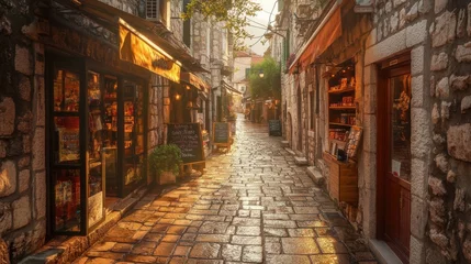 A charming narrow street in the old town of Kotor filled with shops and warm evening light