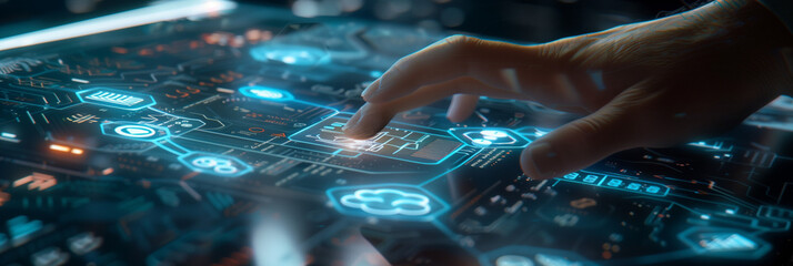 People collaborating remotely through virtual technology in a futuristic digital network