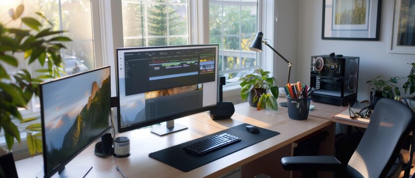 A sunlit, cozy home office with multiple screens, plants, and a large window, offering a harmonious blend of technology and nature.