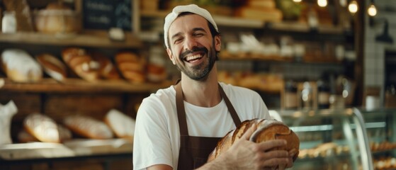 A baker radiates pride and joy, cradling freshly baked bread in a bustling bakery, surrounded by artisanal loaves and the scent of warm dough.