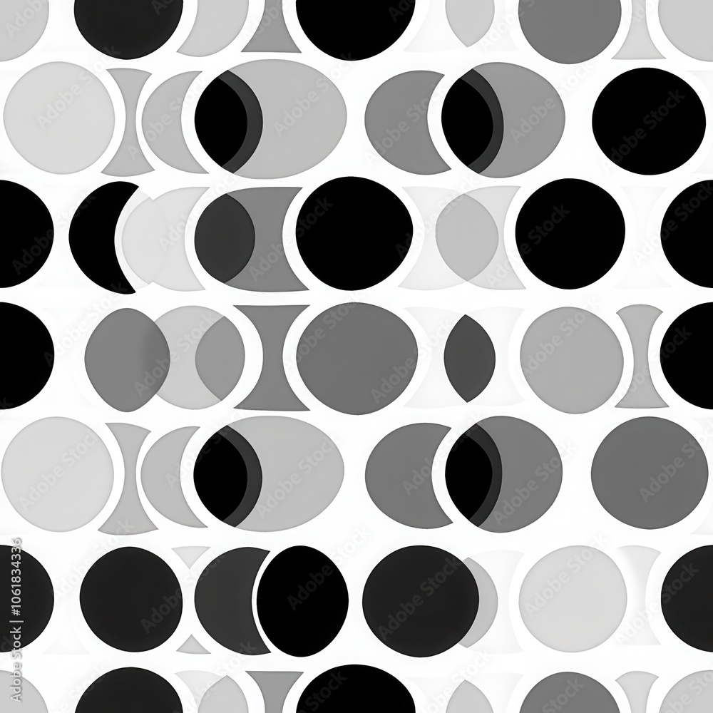 Poster a geometric pattern featuring perfectly aligned black, gray, and white circles and crescents creatin