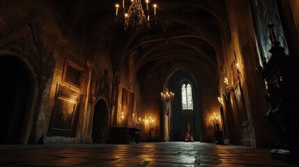 Obraz premium Exploring the grand hall of Dracula's castle with high ceilings and flickering candles casting eerie shadows in the dim light