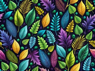Vivid Seamless Floral Pattern with Colorful Leaves on Black Background - Vibrant Vegetable Background for Creative Projects
