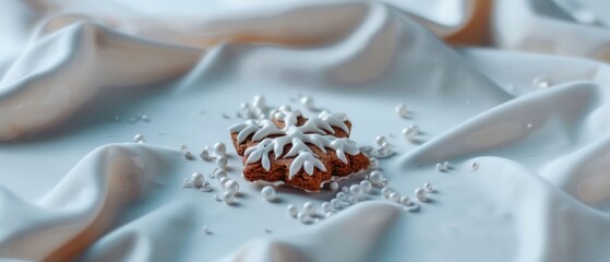 Fototapeta premium A delicate snowflake-shaped cookie, adorned with intricate icing, rests elegantly on a lustrous backdrop, evoking winter's sweetness.