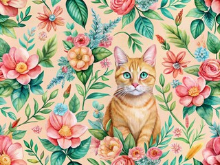 Fototapeta premium Watercolor Cat Seamless Pattern with Flowers in Peach and Green - Perfect for Fabric, Wallpaper, and Home Decor
