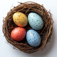 Obraz premium Colorful Easter Eggs in Nest - Top View Isolated on White Background for Spring and Holiday Celebrations