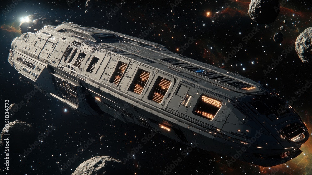 Poster Futuristic cargo spaceship navigating through an asteroid field in deep space, showcasing advanced design and technology