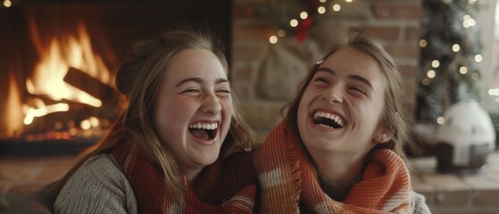 Fototapeta premium Two friends share a hearty laugh by a warm fireplace, a cozy scene filled with joy and companionship.