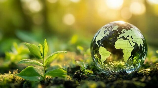 Glass globe with world map near young green sprout for environmental content. Earth protection concept. Visual material for sustainability projects