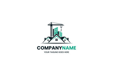 Construction logo featuring a crane and houses with a modern design and bold text, suitable for a real estate or construction company branding