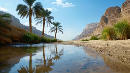 Obraz premium A serene landscape featuring palm trees along a river, surrounded by rocky cliffs and a clear blue sky, creating a peaceful oasis scene.