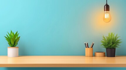 Minimalist Workspace with Green Plants and Warm Lighting