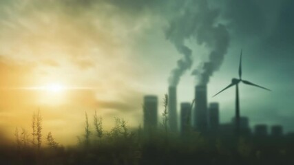 Wind turbine near industrial chimneys with smoke for renewable energy content. Green versus fossil power contrast. Visual material for environmental campaigns