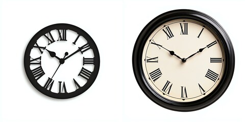 Two stylish wall clocks with Roman numerals, isolated on a white background.