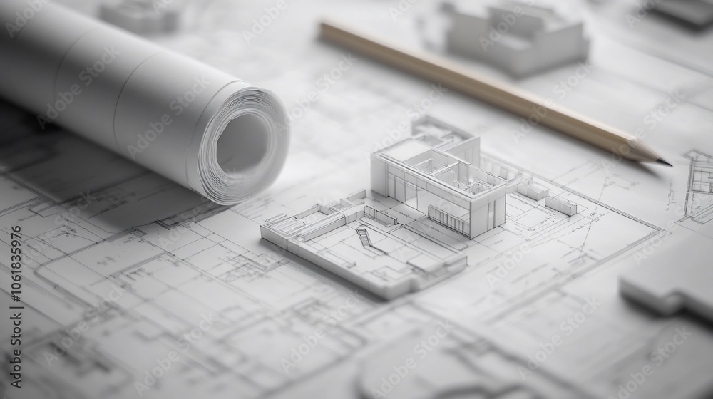 Poster a rolled up blueprint, pencil and a model house are on a table with plans.