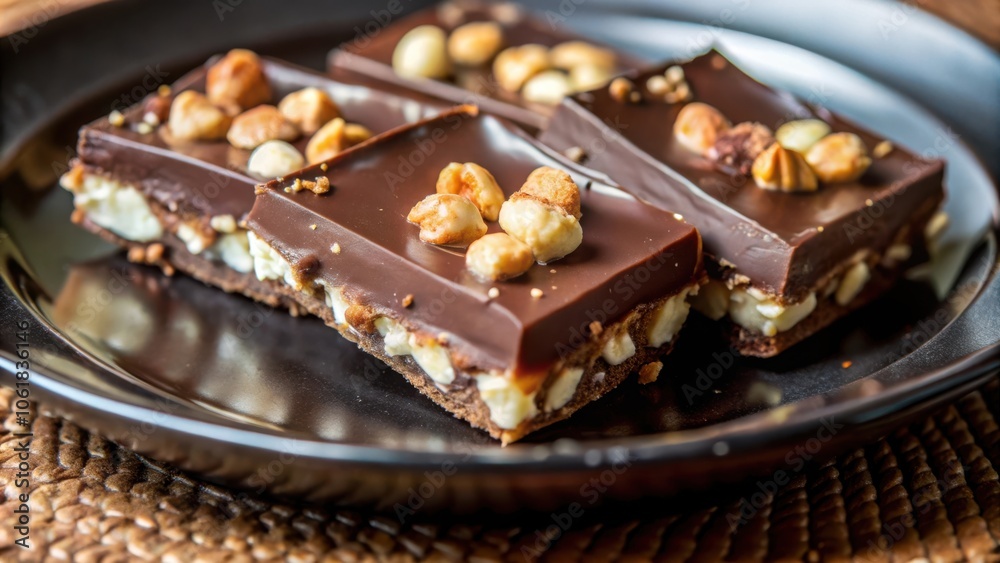 Poster chocolate squares topped with hazelnuts and a layer of white chocolate, arranged on a dark plate, th