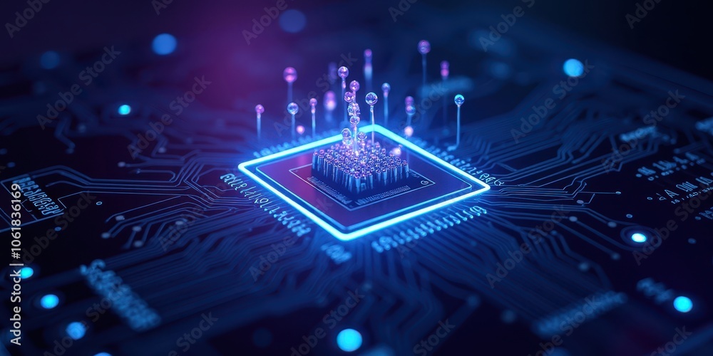 Poster high-tech circuit board with glowing microchip design