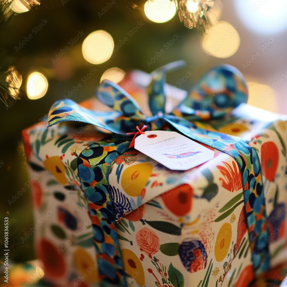 Poster a beautifully wrapped christmas gift adorned with colorful patterns and a festive ribbon placed near