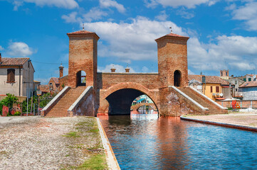View over the Trepponti Bridge, iconic landmark in Comacchio, Italy