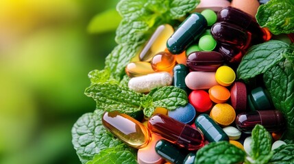 Colorful Vitamins and Supplements on Fresh Green Mint Leaves