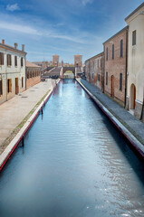 View over the Trepponti Bridge, iconic landmark in Comacchio, Italy
