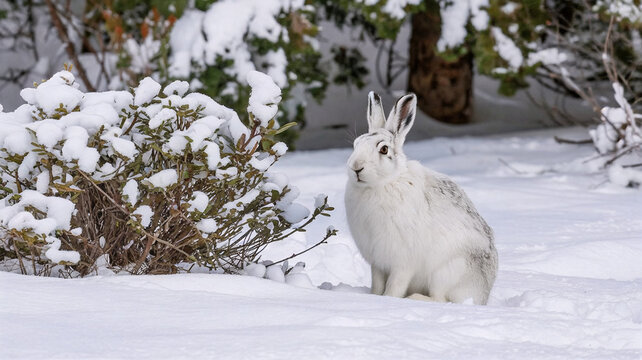 Solitary arctic hare camouflaged in white snow sitting near a snow-covered bush in a serene winter landscape
